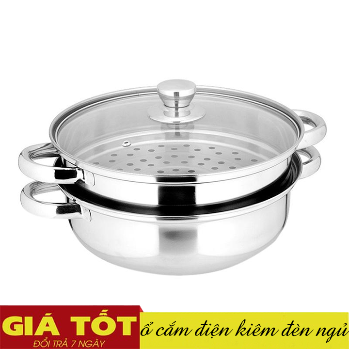 Nồi hấp cách thủy đa năng/Nồi lẩu kiêm nồi hấp 2 tầng inox-Nồi hấp 2 tầng 28cm (Bạc)