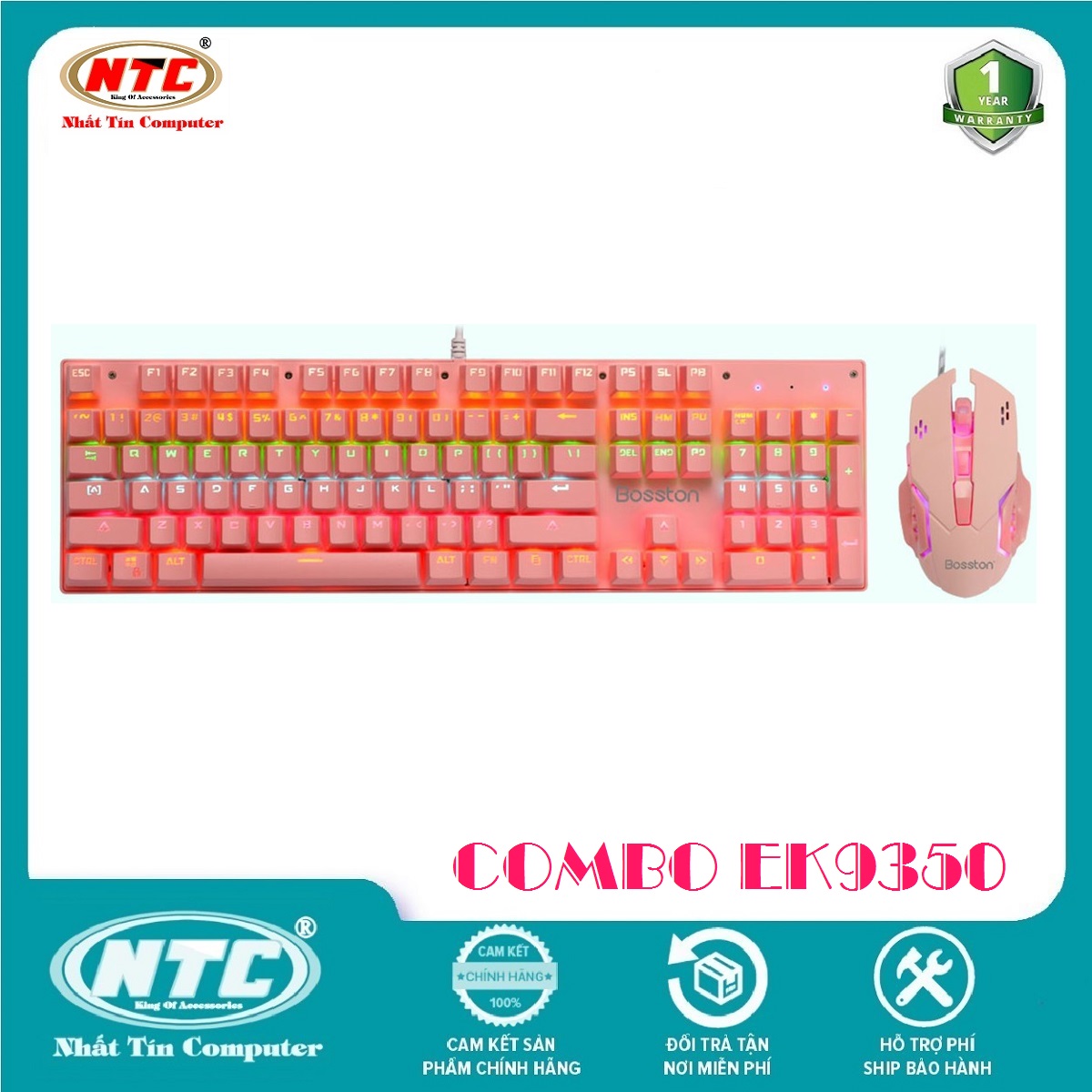 Bộ Bàn phím cơ và chuột chuyên game Bosston EK9350 - thay đổi 9 chế độ đèn Led (Hồng) - Hãng phân phối chính thức - Nhất Tín Computer