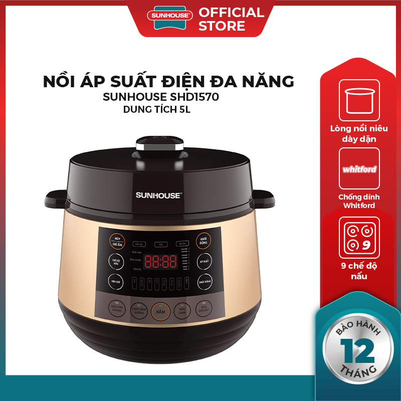 Nồi áp suất điện đa năng Sunhouse SHD1570 - Dung tích 5L - Lòng nồi niêu 1.8mm chống dính cao cấp - Van xả nút nhấn chống bỏng - Hàng chính hãng Sunhouse Việt Nam