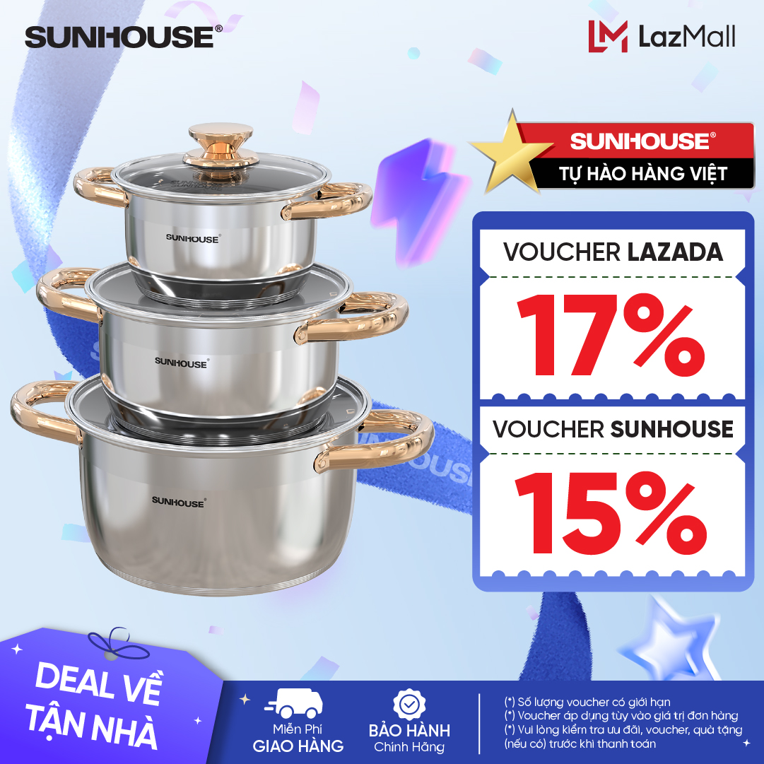 Bộ nồi inox 5 đáy SUNHOUSE SH781 - 16, 20, 24 cm tỏa nhiệt đều - Chất liệu inox an toàn - Phù hợp với mọi loại bếp - Hàng chính hãng