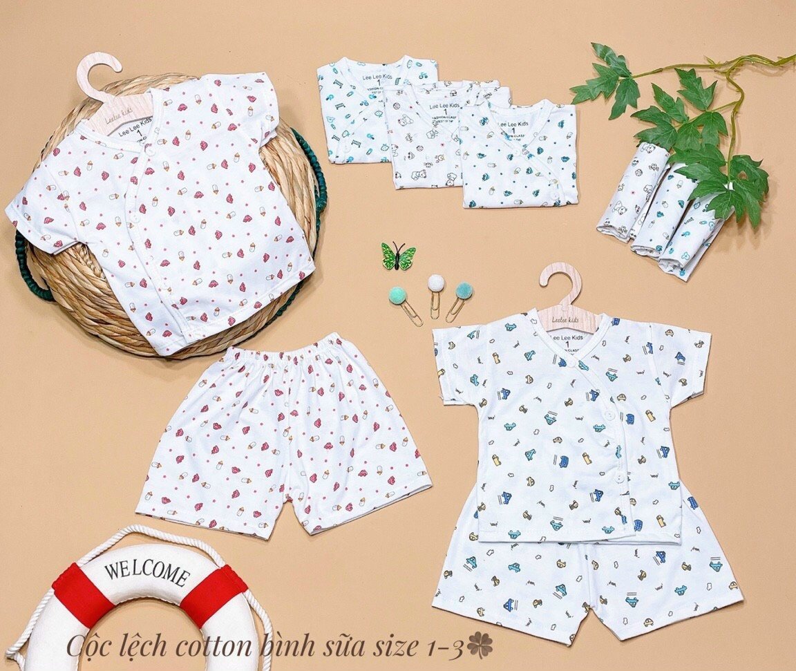 Bộ quần Áo Cộc tay hình Bình sữa Lee Lee khuy chéo cho bé 3-8kg