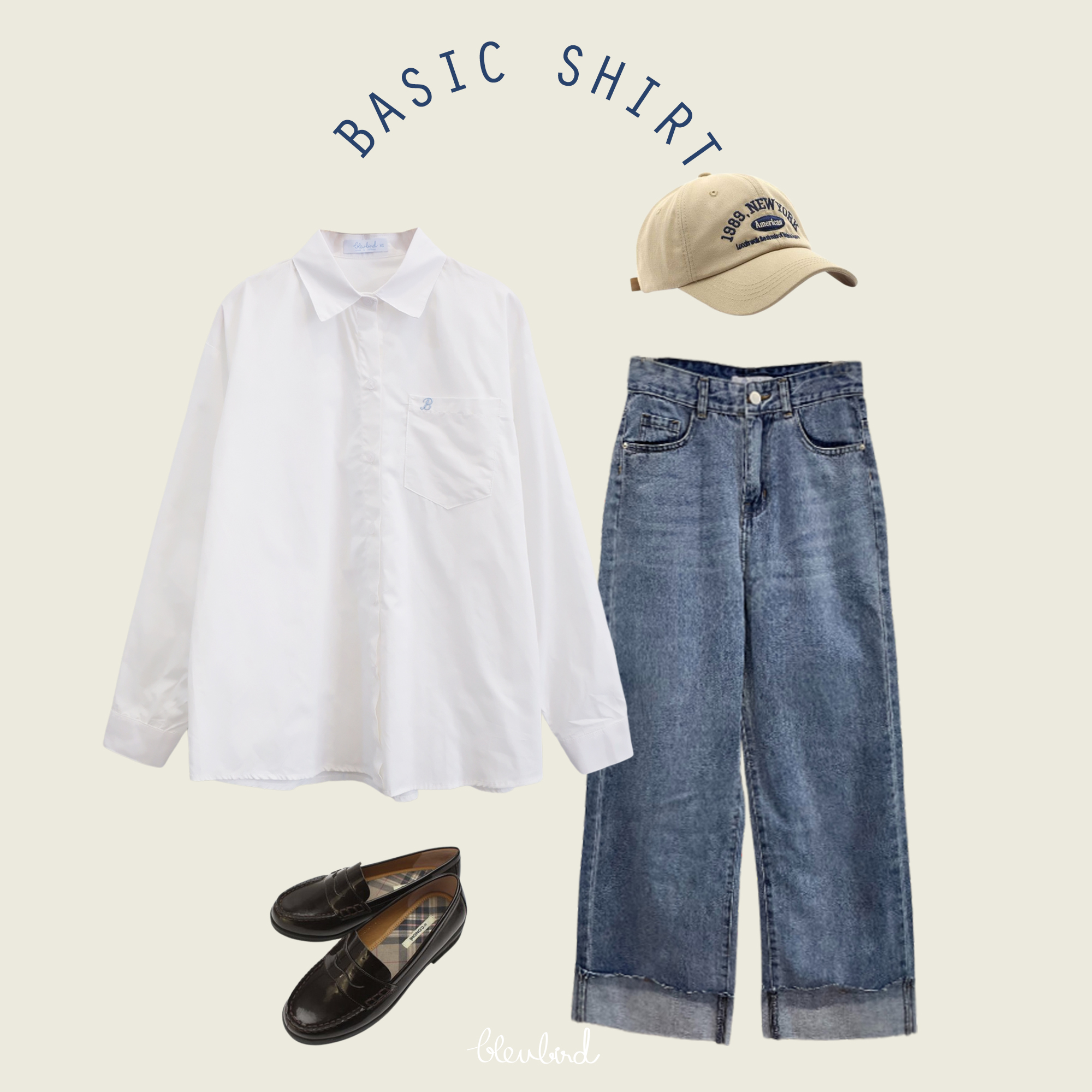 BLEUBIRD Áo sơ mi vải thô dáng rộng Basic Shirt