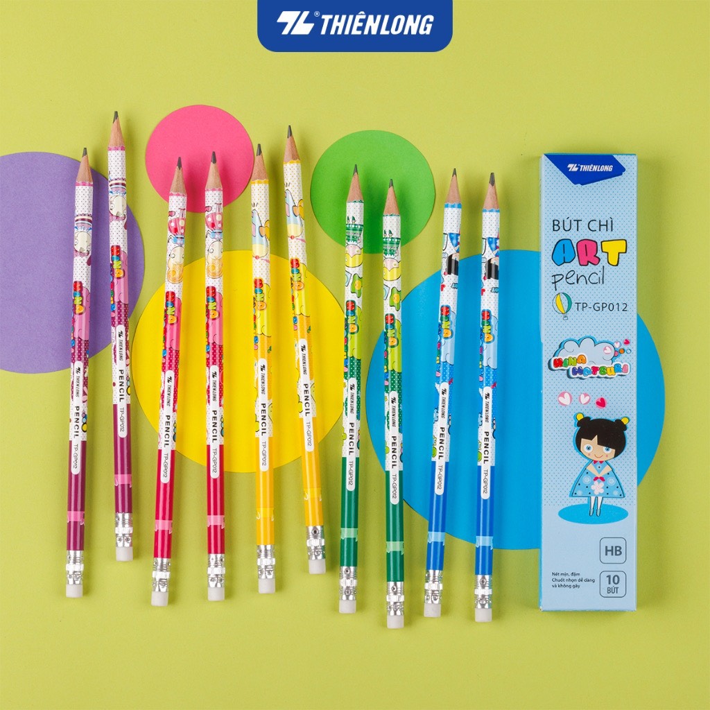 Hộp 10 cây bút chì gỗ hb có gôm thiên long mã tp-gp012 chính hãng