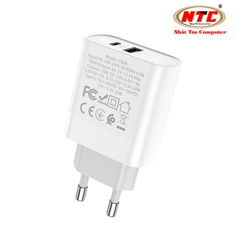 Cốc sạc 2 cổng Hoco C80A USB QC3.0 và Type-C PD18W (Trắng) - Hãng phân phối chính thức - Nhất Tín Computer