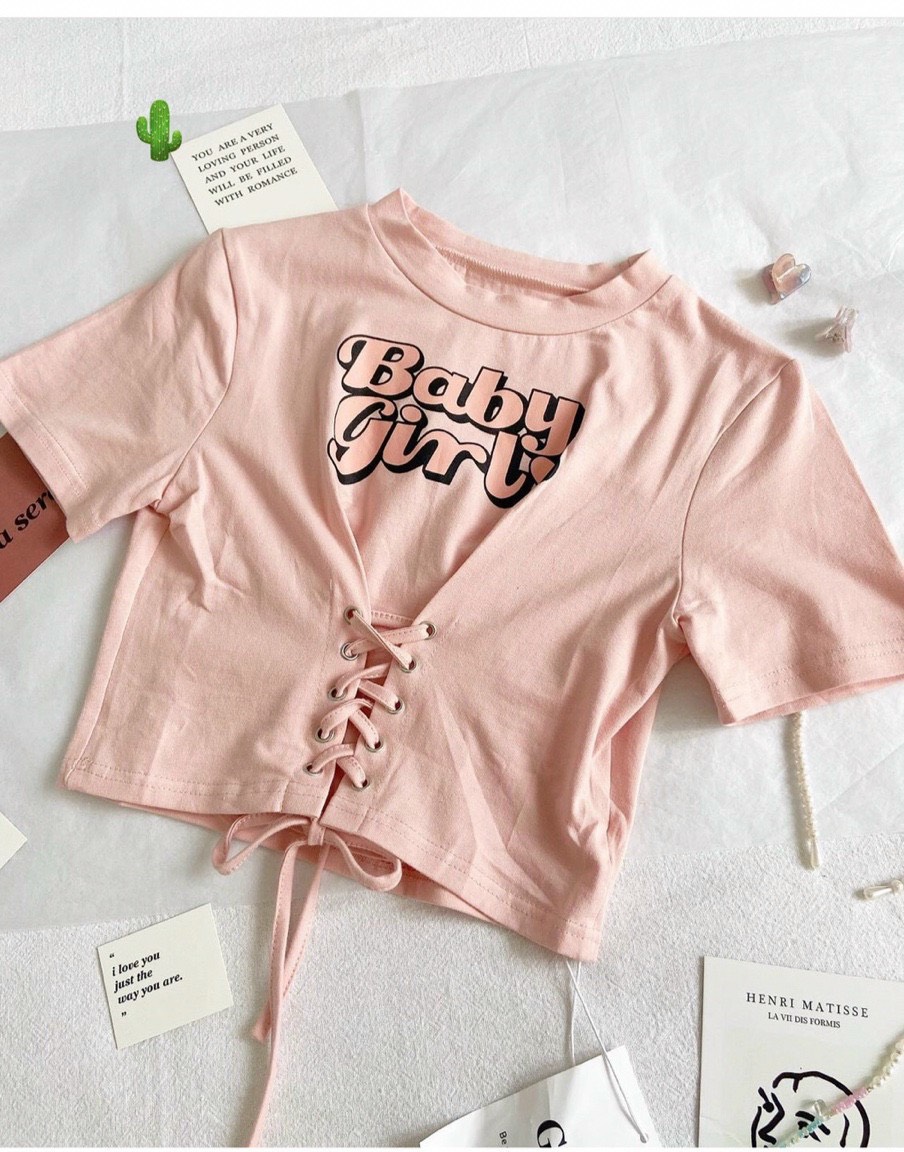 Áo thun croptop nữ kiểu đan dây TRƯỚC Baby Girl màu Hồng xinh xắn tay ngắn PC