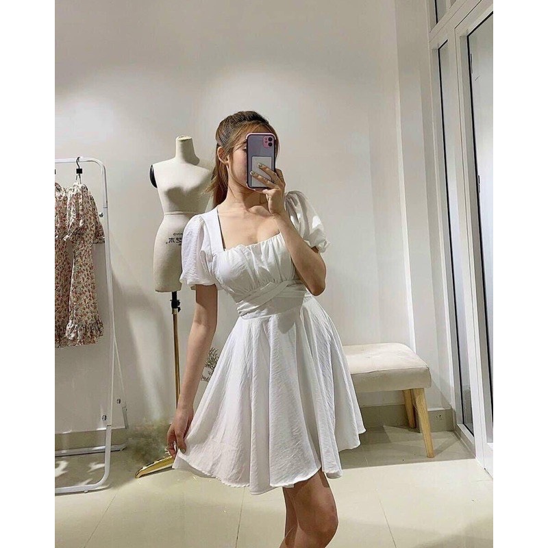 Đầm (có bigsize) trắng cột eo có mút ngực hở lưng cutout H35 (lyly.shop1509)