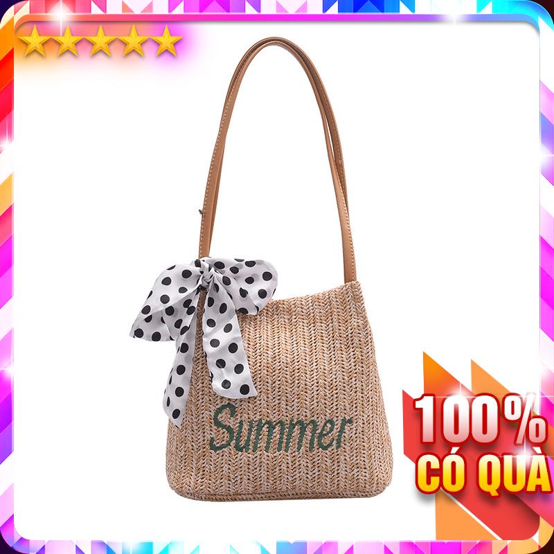Túi Cói Xô Đi Biển Summer Phối Khăn Nơ Cực Xinh L1355 - LoanTay
