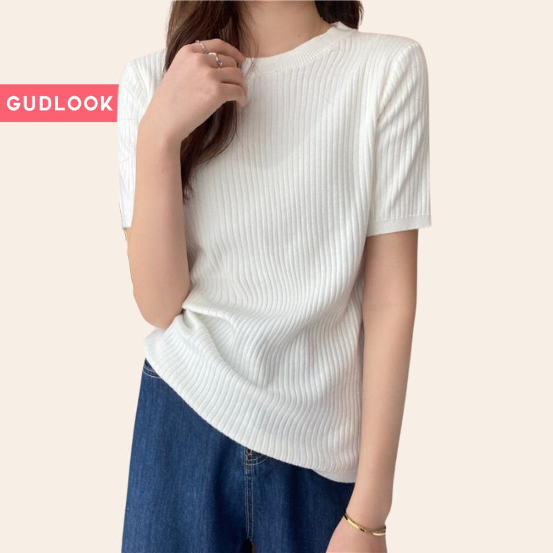 Áo Len Thun Tăm GUDLOOK basic nhiều màu cổ tròn tay ngắn chất tăm len