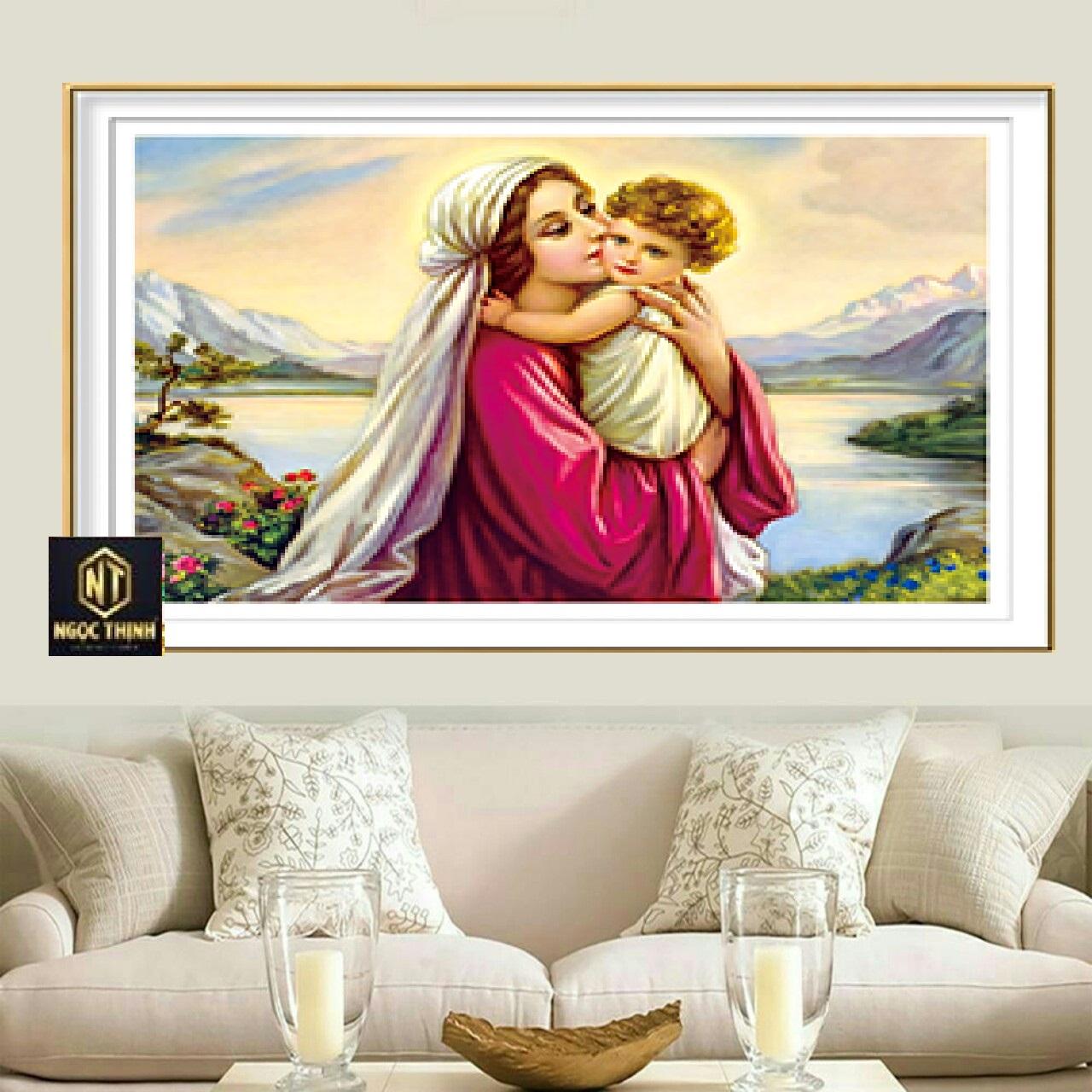 Tranh đính đá mẫu mới Tình yêu đức mẹ Maria KT 65x50cm