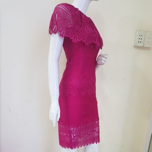 ZERASY - Đầm body phối bèo cổ màu hồng sen