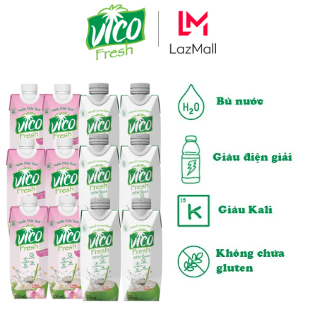 Thùng 12 Hộp Nước Dừa Vico Fresh 330ml - (6 Xiêm, 6 Sen)
