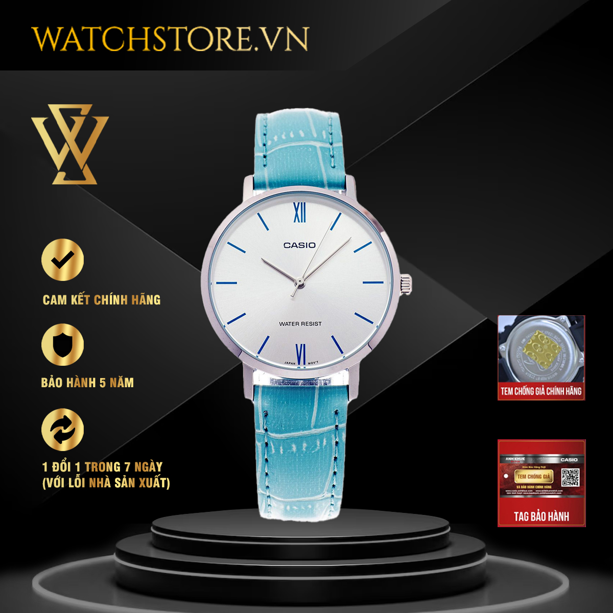 Đồng hồ quartz nữ casio chính hãng watchstore ltp-vt01l-7b3udf thiết kế kính khoáng 34mm, dây đeo da và vỏ thép không gỉ
