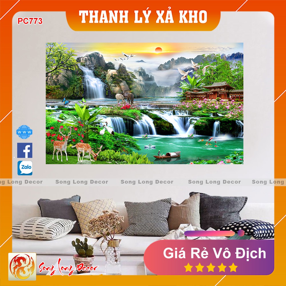 Tranh dán tường 3d Sơn Thủy Hữu Tình - PC773- Tranh 3D Phong Thủy- Giấy dán tường 3d - Song Long Decor