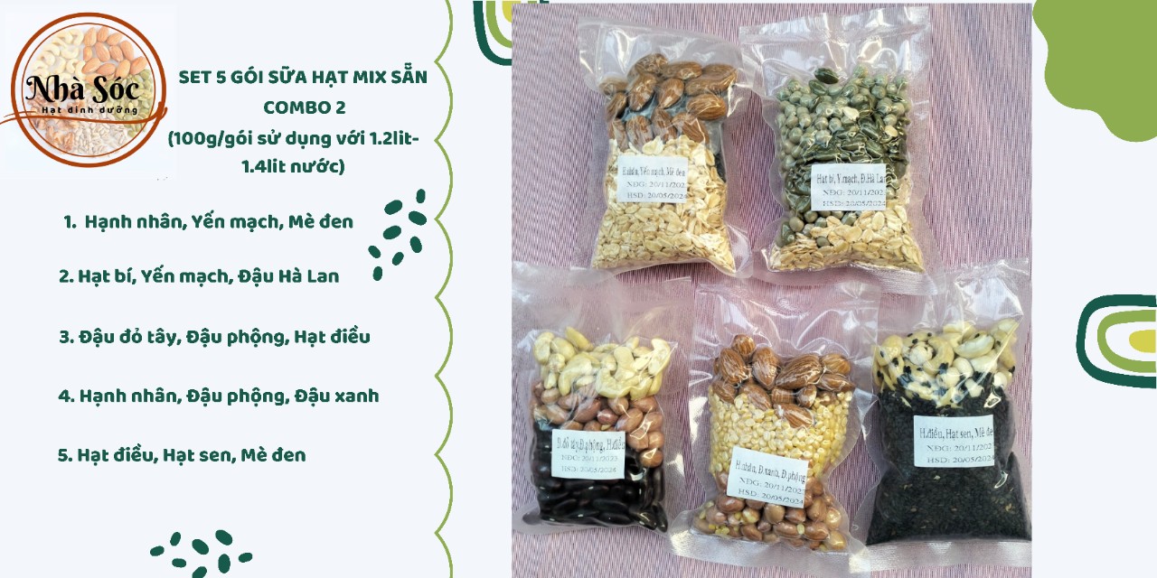 Set hạt dinh dưỡng làm sữa hạt [COMBO 5 NGÀY Mix sẵn 100g/gói]