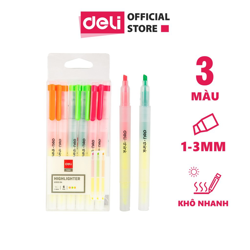 [HCM]1 hộp 6 cây bút dạ quang(highlight) DELI 353043 màu hai đầunhỏ:1 đầu tròn 1mm và 1 đầu dẹt 3mm.màu siêu đẹptiện dụng
