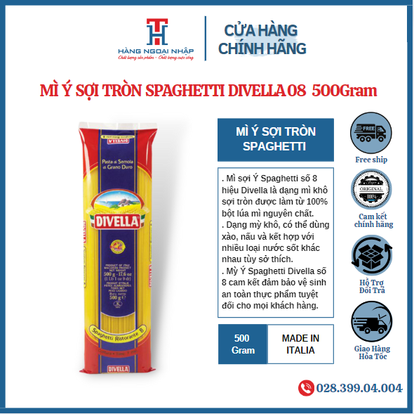 [HCM]MÌ Ý SỢI TRÒN SPAGHETTI DIVELLA 08 - 500Gr