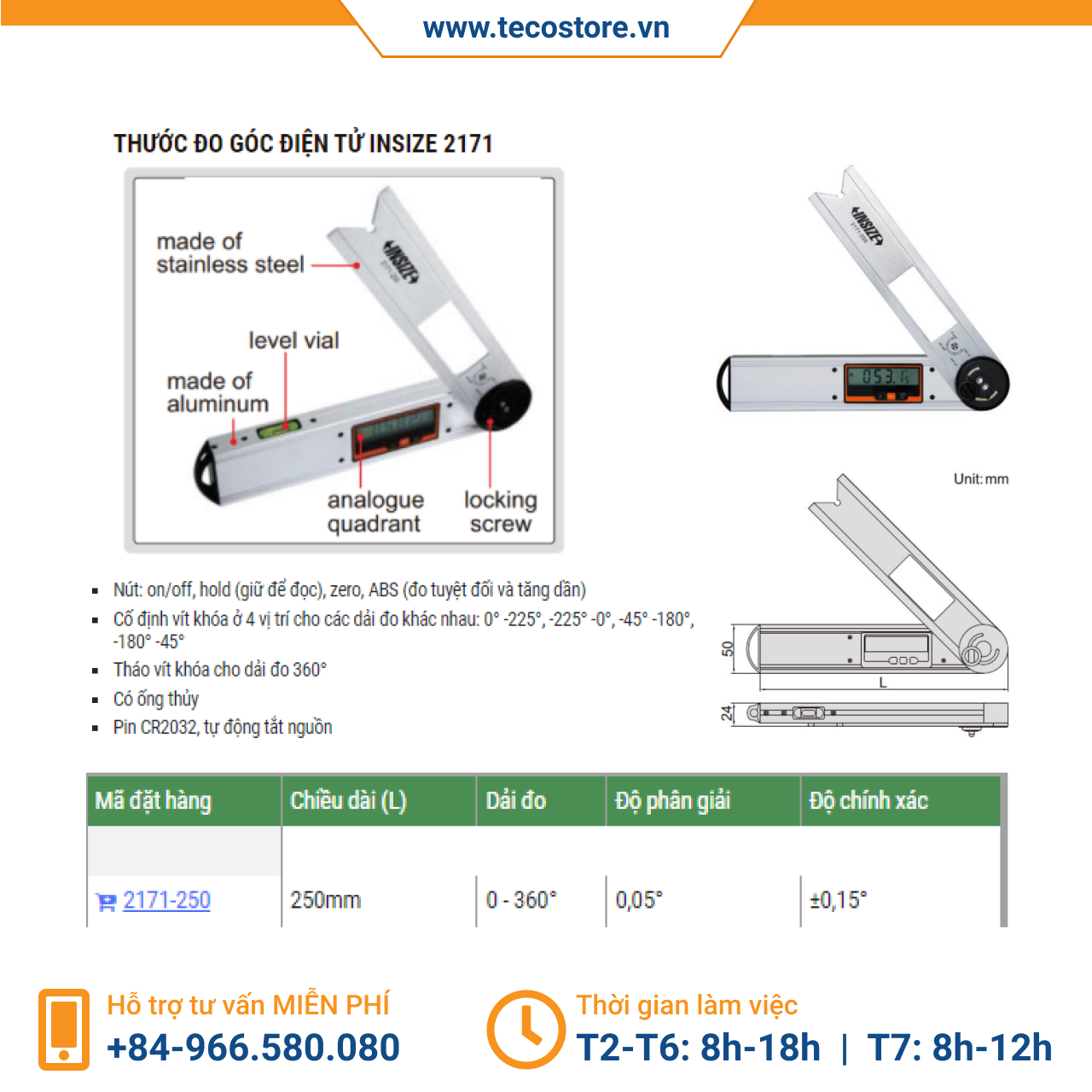 Thước đo góc điện tử Insize 2171 - nonwaterproof [Chính hãng] [Bảo hành 12 tháng] [Có sẵn]