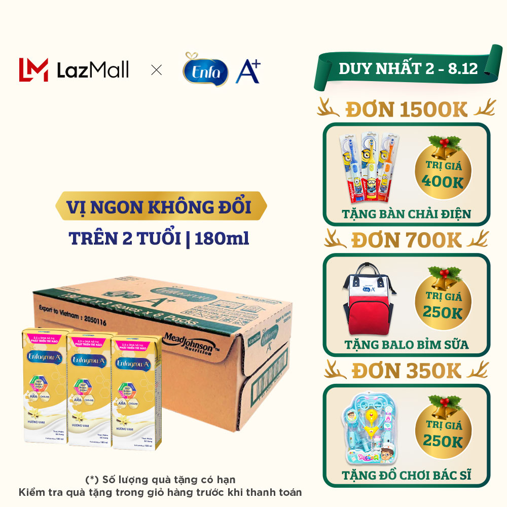 Thùng 24 hộp sữa nước Enfagrow A+ 4 vị Vani 180ml cho trẻ trên 2 tuổi 8 lốc