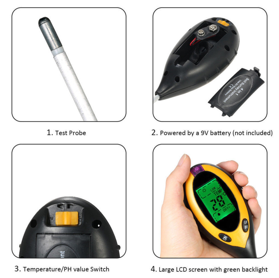 Máy đo độ Ph, độ ẩm, nhiệt độ, ánh sáng của đất 4 in 1