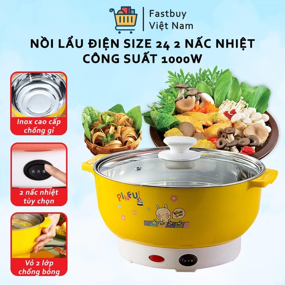 Nồi Lẩu Điện Mini 24cm 1000W Inox 304, Ca Lẩu, Ca Mì Đa Năng , Bếp Lẩu Mini Nắp Kính Siêu Tiện Lợi