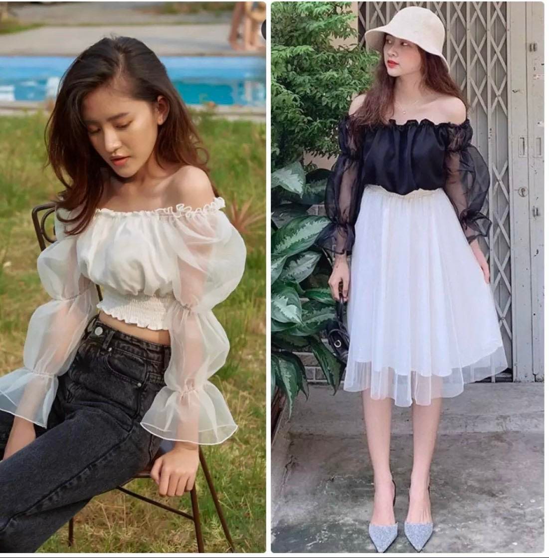 Áo kiểu crotop trễ vai voan nhún tay áo dài phồng bo, loe ống siêu xinh, Áo kiểu thời trang nữ thiết kế mẫu bo nhún lai áo dáng tiểu thư