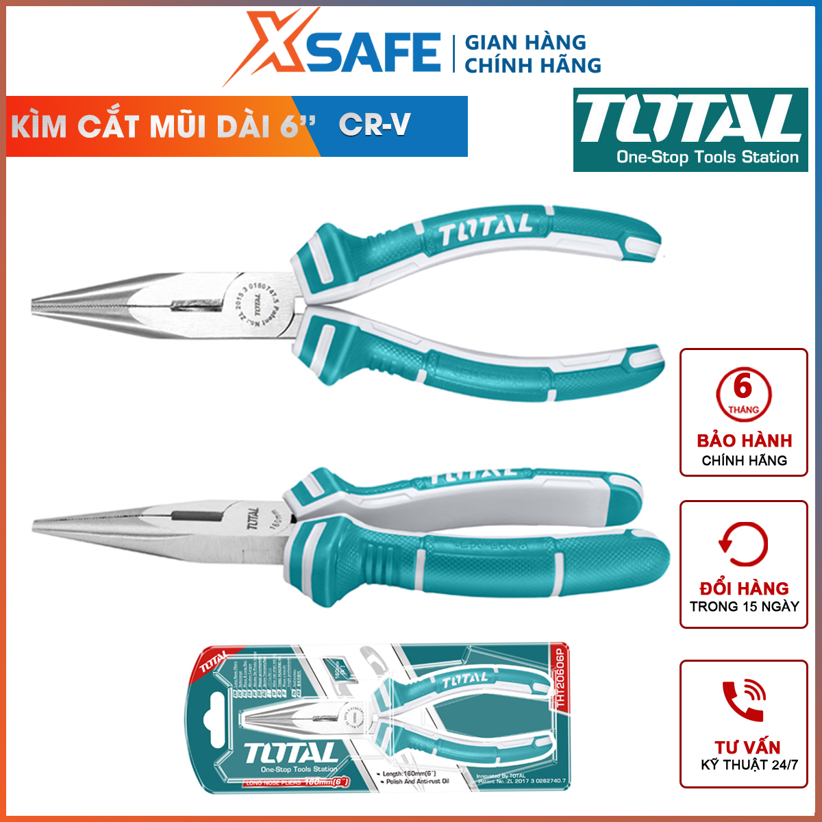 Cutting pliers beak pointed long total THT120606P 6inch nippers long beak steel CR-V superhard anti-rust hand handle rubber anti-slip soles genuine delivery xsafe