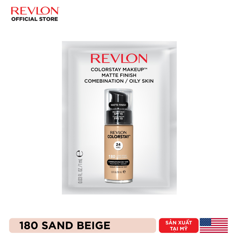Combo 5 mẫu thử kem nền kiềm dầu lâu trôi số 1 tại Mỹ Revlon  Colorstay - 180 Sand Beige Sachet 1ml