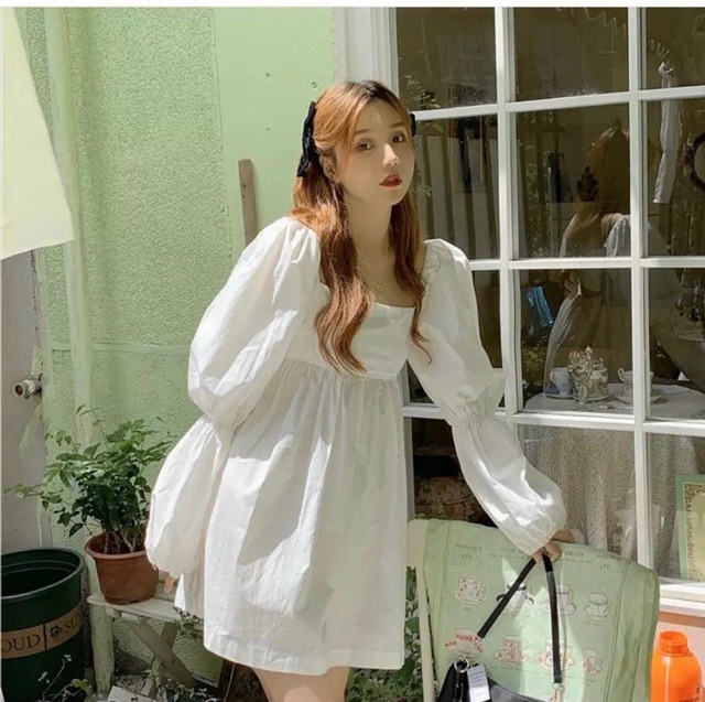 ĐẦM TRẮNG CỔ VUÔNG TAY BO CHUN NƠ LƯNG