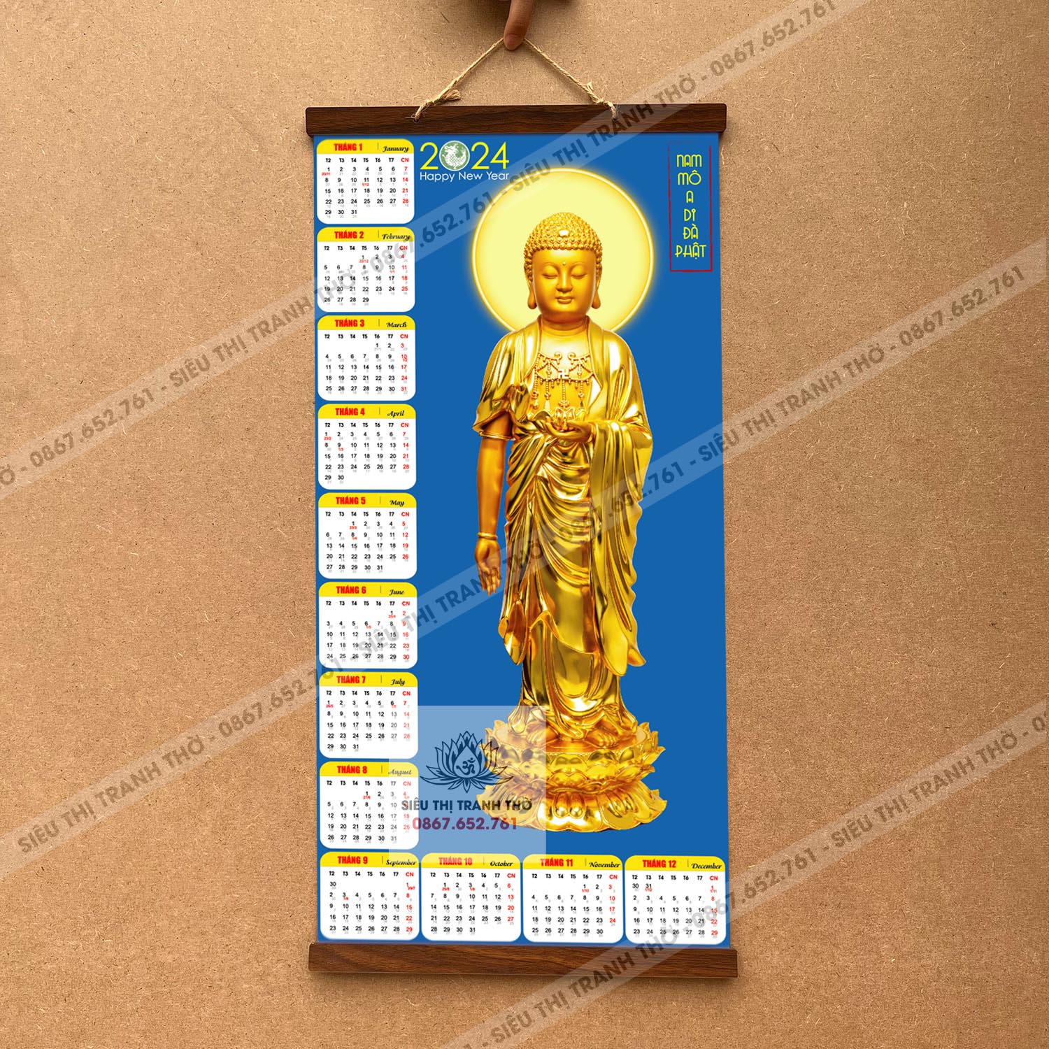 NHIỀU MẪU] Tranh Lịch Phật Giáo 2024 treo tường 40x80cm nẹp gỗ hai đầu bằng vải phủ bóng cao cấp dày dặn chất liệu vải canvas  bền đẹp