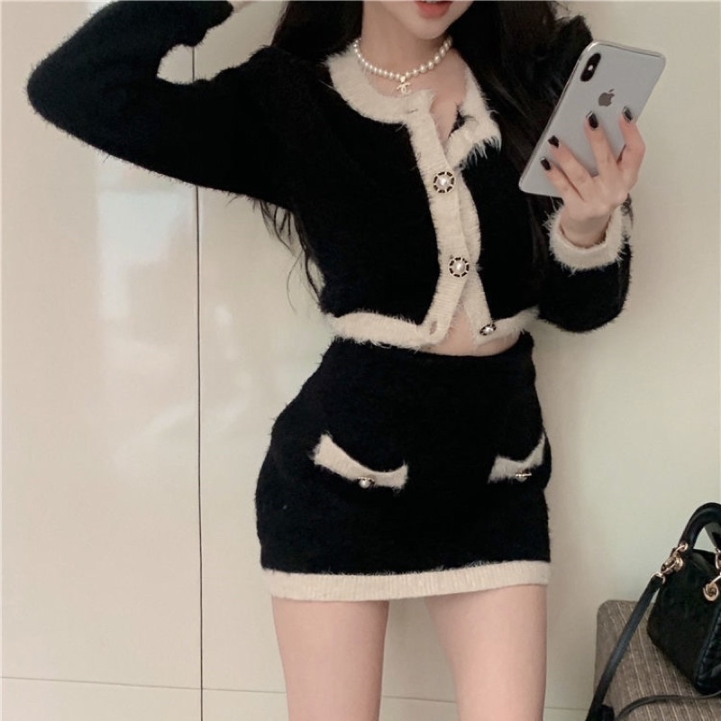 (Có Sẵn) Set len lông thỏ ,set 2 chi tiết (áo + cvay len ) hàng quảng châu
