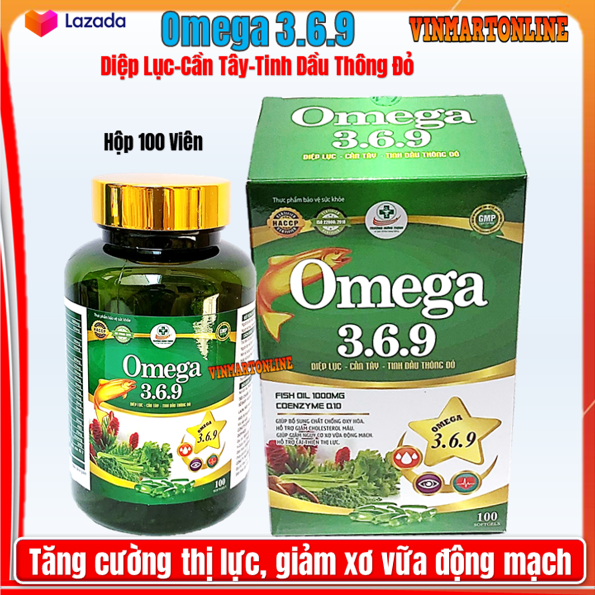 Viên Uống  O.me.ga 3-6-9 Diệp Lục - Cần Tây- Tinh Dầu Thông Đỏ- Giảm Cholesterol MáuBổ Não Sáng Mắt Khỏe TIm Mạch-Hộp 100 Viên