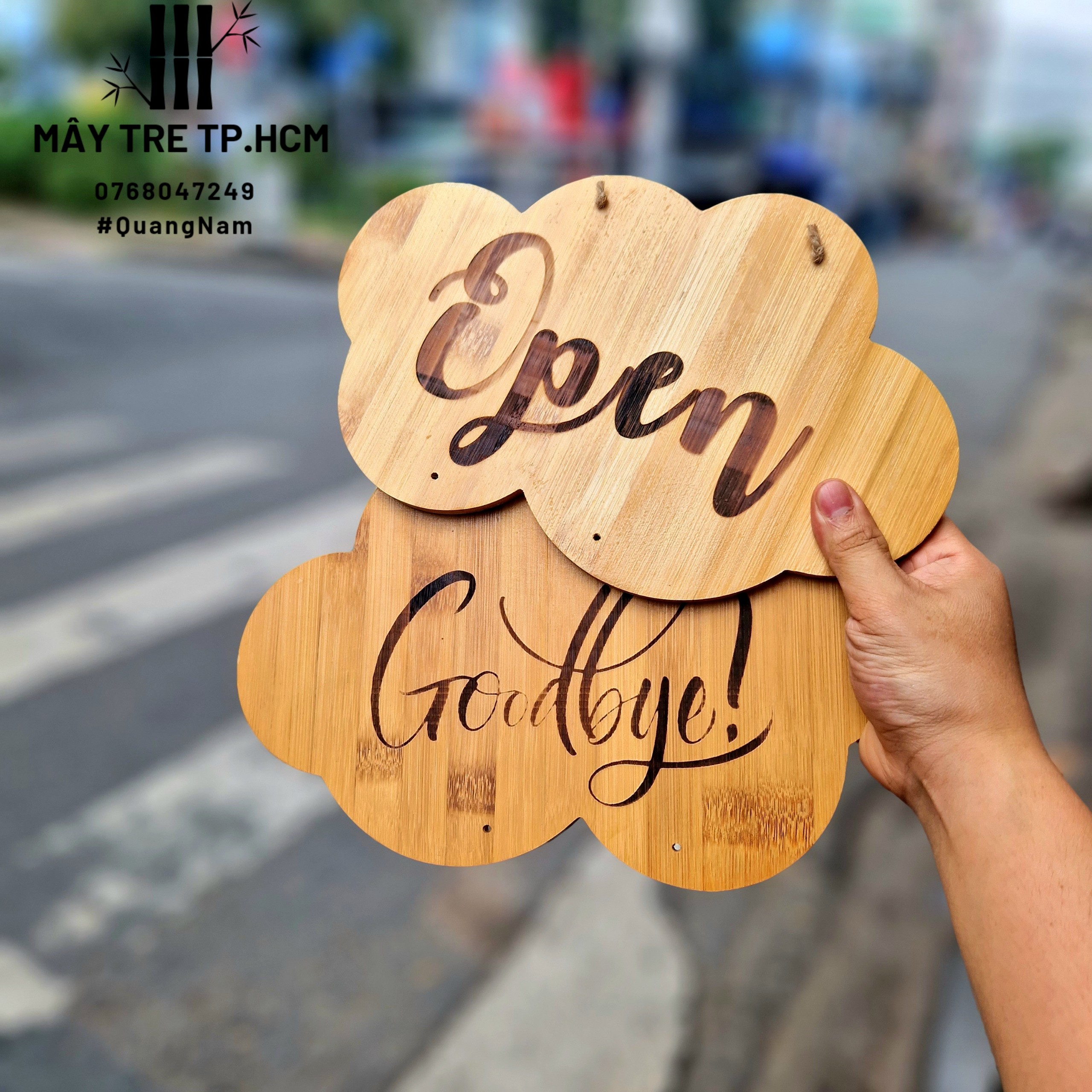 Bảng gỗ treo cửa hai mặt Open/Close & Welcom/Goodbye