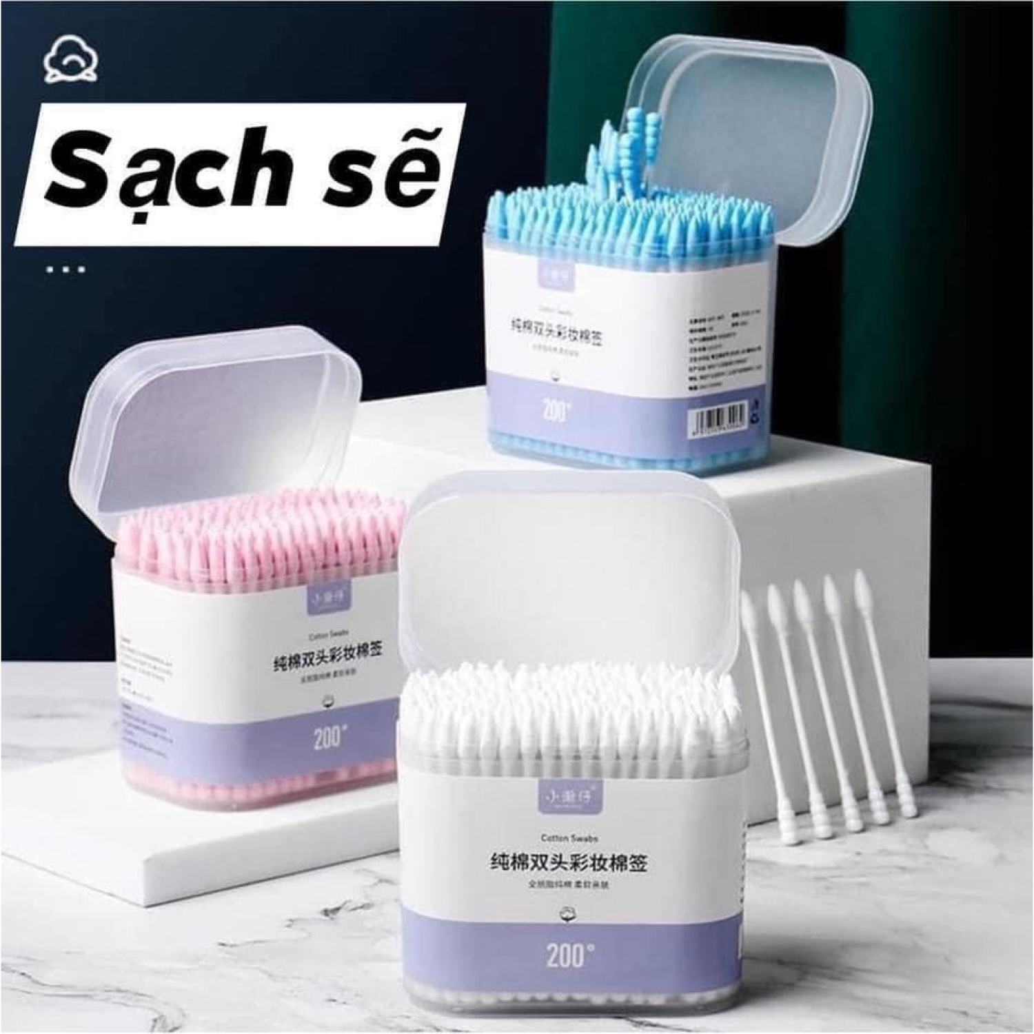 Hộp Tăm Bông 2 Đầu - Mỗi hộp 200 Cái Siêuu To Dùng Cả Năm Không Hết ạ Cotton Tiệt Trùng Chất