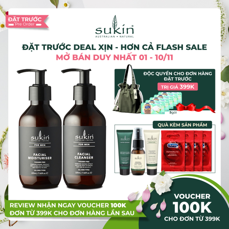 Bộ làm sạch & dưỡng ẩm da cho nam Sukin For Men Cleanser & Men Moisturiser 125mlx2 +Tặng bộ chăm sóc da mặt giá rẻ
