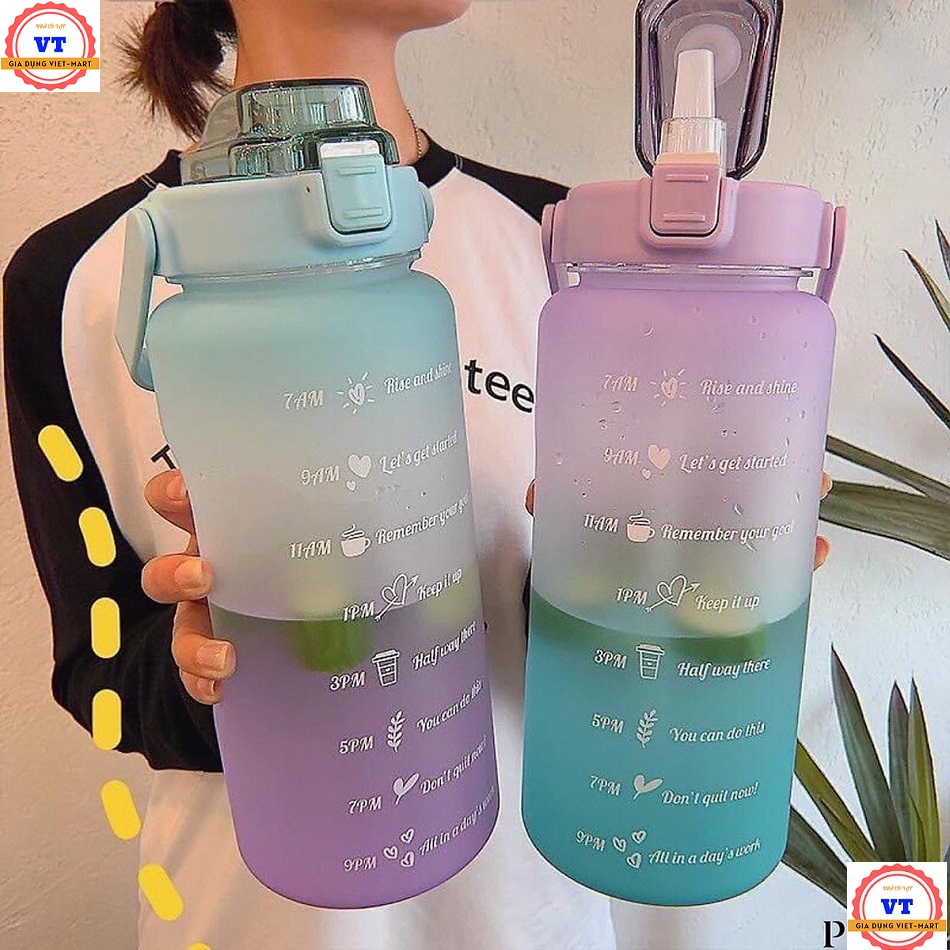 Bình đựng nước 2L dễ thương chia vạch báo giờ nhắc uống nước  tặng Sticker bình nước 2lit có ống hút tiện lợi BẢO HÀNH 1 NĂM