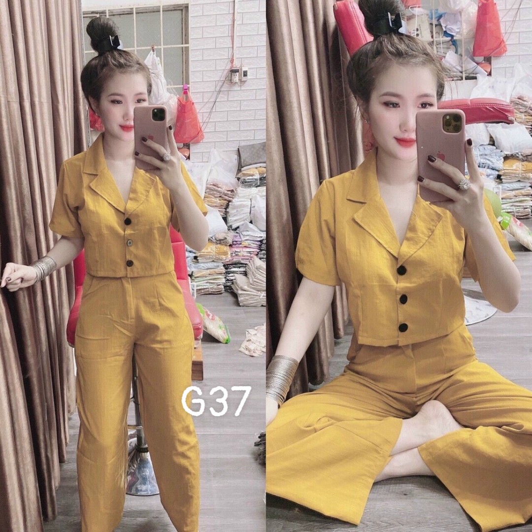 Set áo cổ bẻ cổ sơmi tay ngắn gài nút giữa quần dài