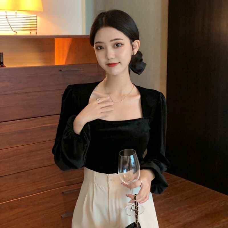 Áo nhung cổ vuông tay phồng tiểu thư