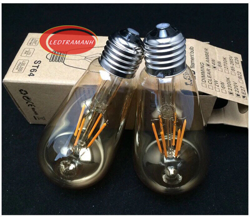 Bóng đèn LED thủy tinh ST64 cổ điển 4tim led đuôi vặn E27 Ánh sáng vàng