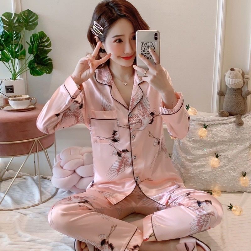 [HCM]SET BỘ  NGỦ PIZAMA PHI LỤA TAY DÀI -SN0239