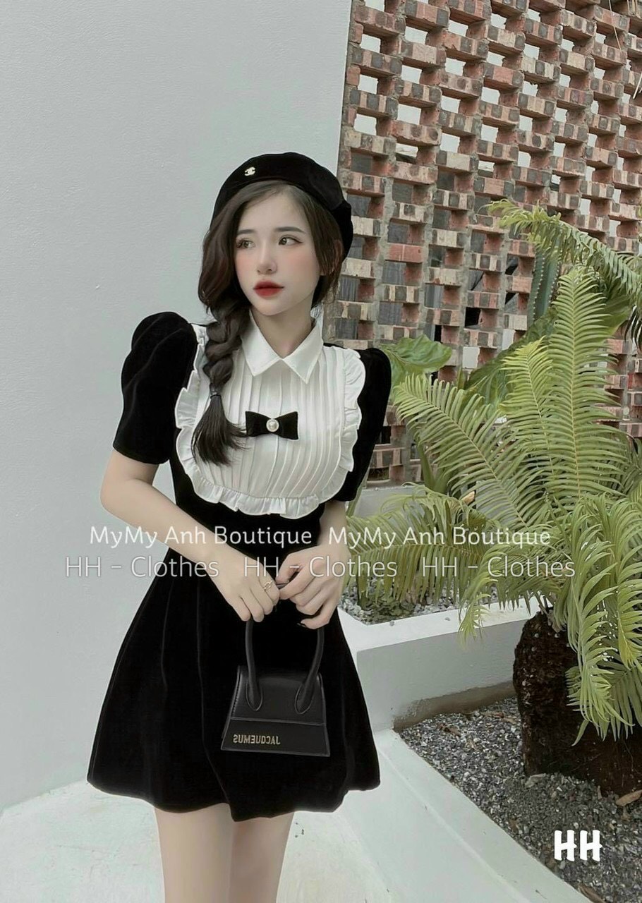 Đầm phối cổ bèo dập ly đính nơ