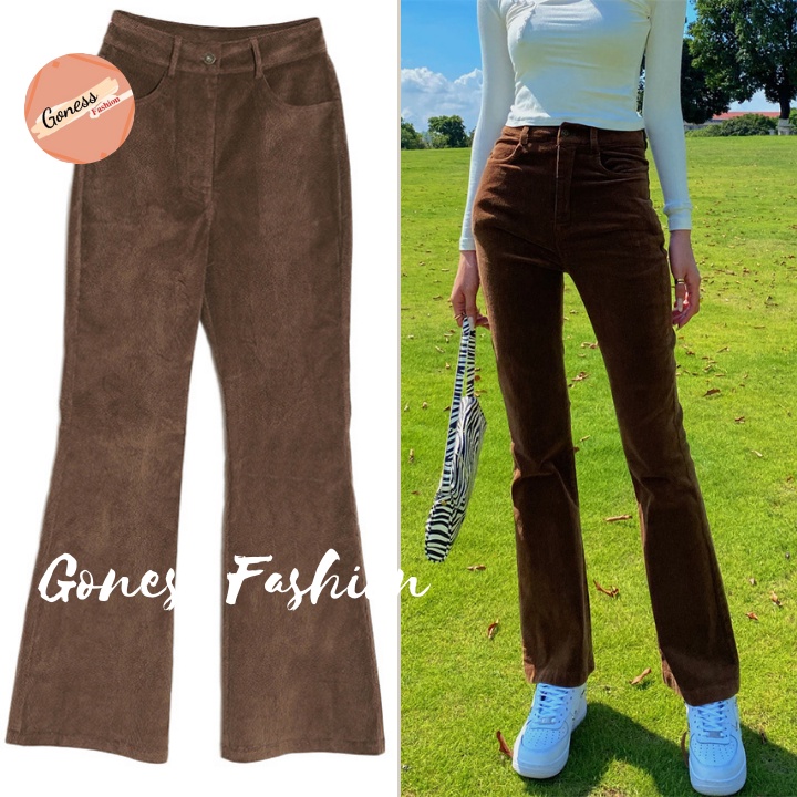 Quần ống loe Goness dáng suông rộng dài 100cm cạp cao chất vải nhung tăm nhiều màu phong cách Hàn Quốc