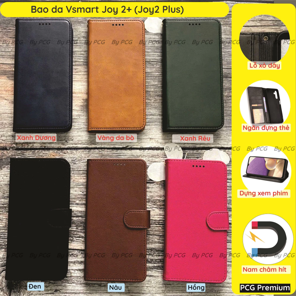 Bao da Vsmart Joy 2+ (Joy2 Plus) chất liệu da cao cấp, sang trọng, có ngăn chứa thẻ tiện lợi, nắp gập chống đỡ xem phim