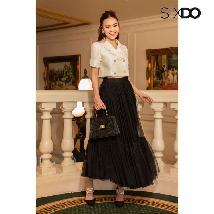 Áo Vest nữ trắng dáng lửng SIXDO (White Rose Cropped Brocade Vest)