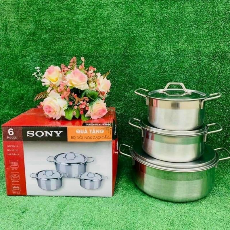 Bộ 3 nồi inox sáng bóng SHARP và SONY nắp inox 24cm 18cm 16cm dùng được bếp từ và mọi loại bếp bộ nồi inox chắc chắn cao cấp