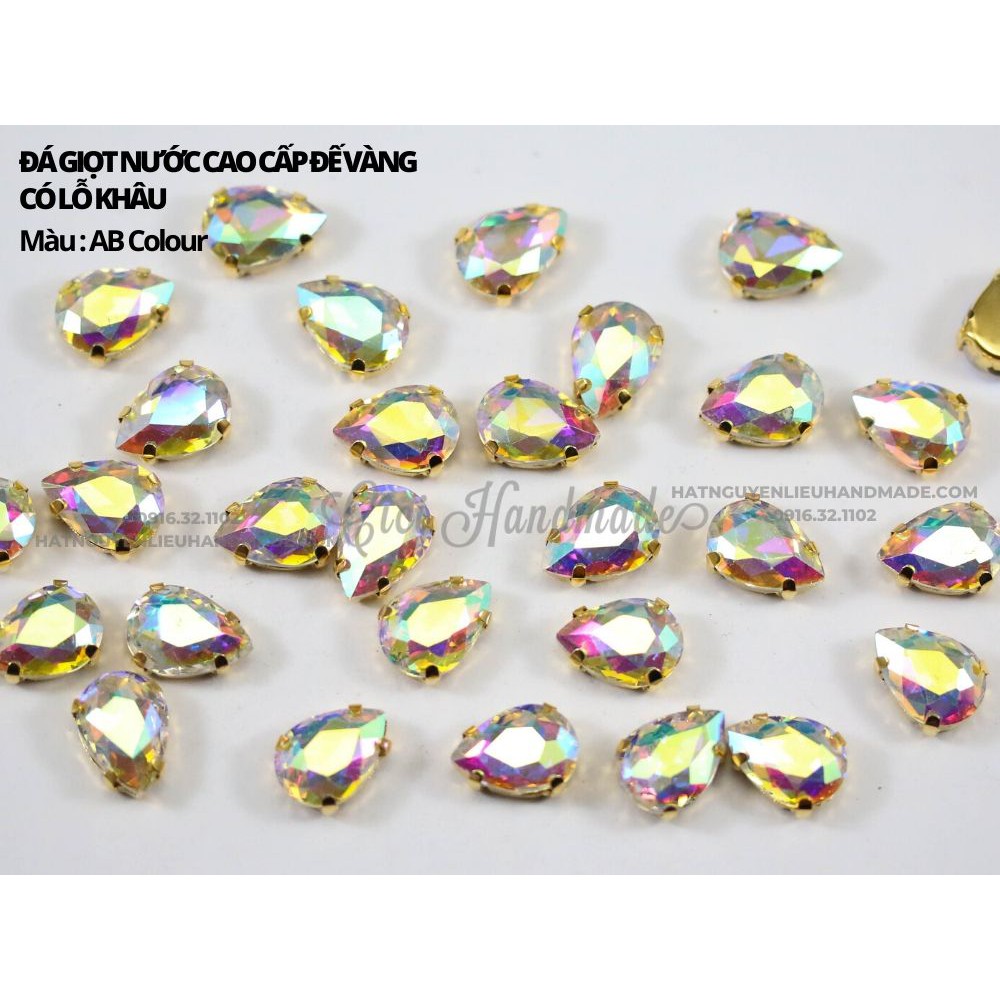 Set 10 hạt đá giọt nước cao cấp đế vàng có lỗ khâu link 1/3 Cici Handmade chuyên hạt đá hạt pha lê hạt cườm hạt trang sứ
