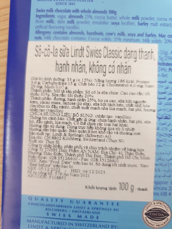 Socola Sữa Thụy Sĩ Lindt Tablet Swiss Classic Milk 100g)