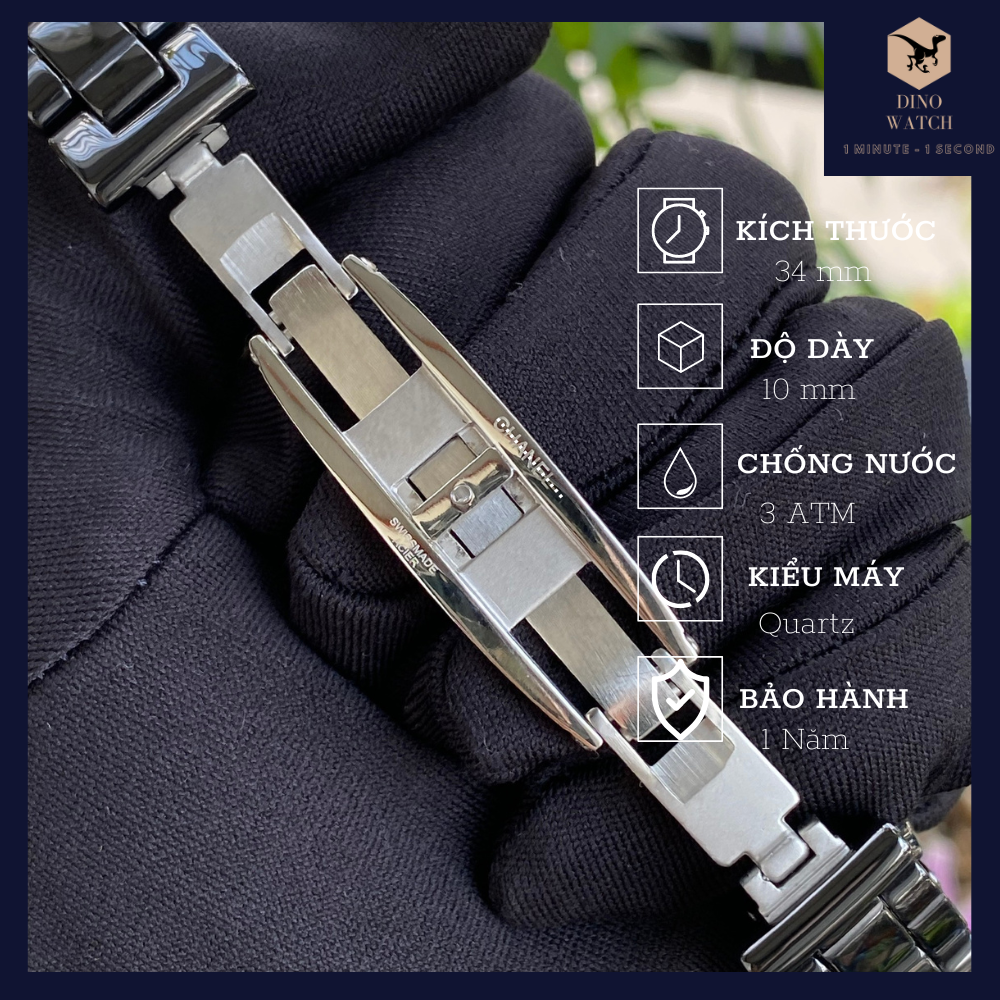 [HCM]Đồng hồ nữ CHỜNEL dây đá ceramic màu đen - mặt đính đá - size 34mm(DNHJ12B)