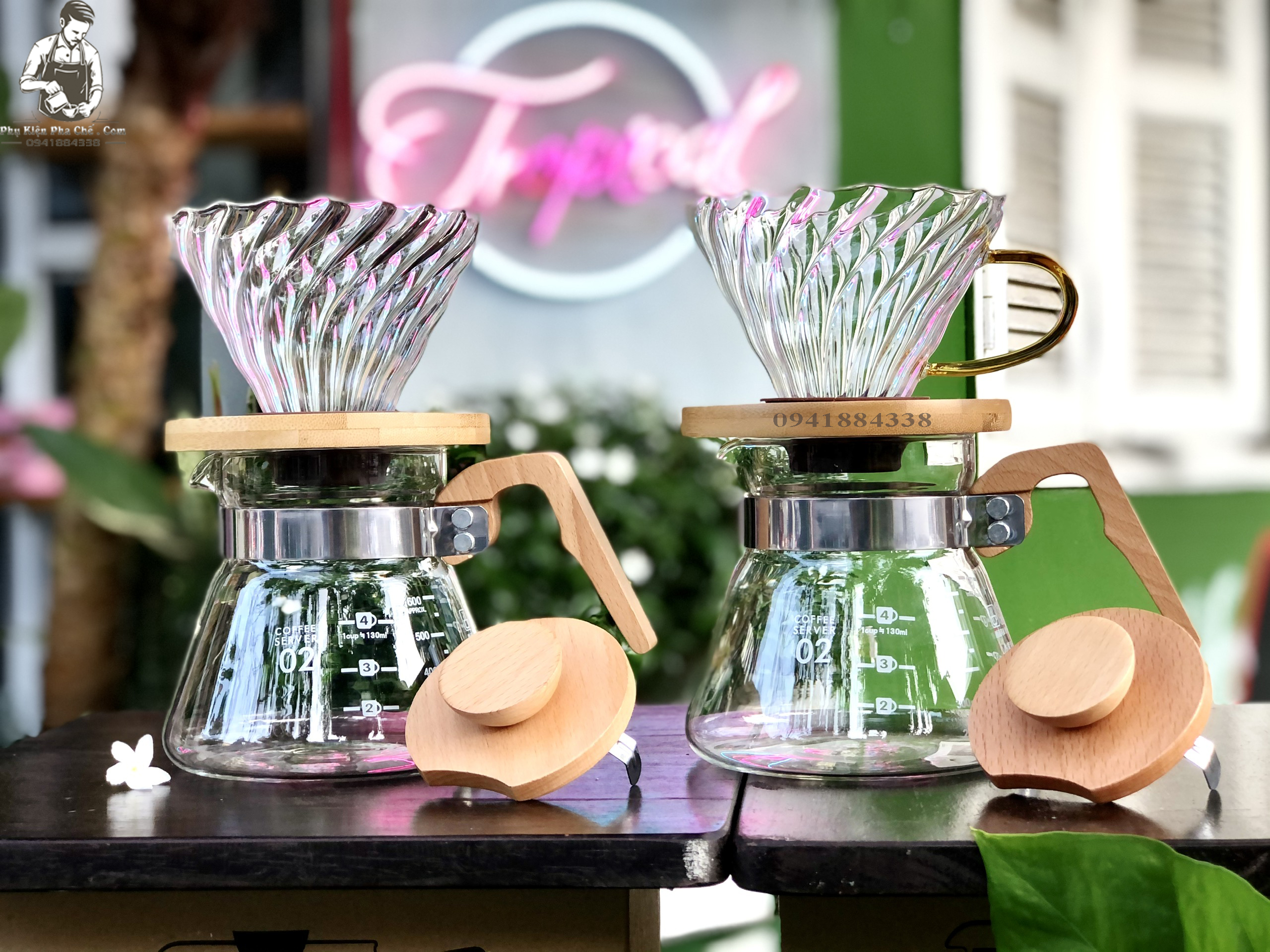 Bộ Bình Pha Cà Phê Drip Coffee,  Pour over V60 600ML Tay Cầm Gỗ