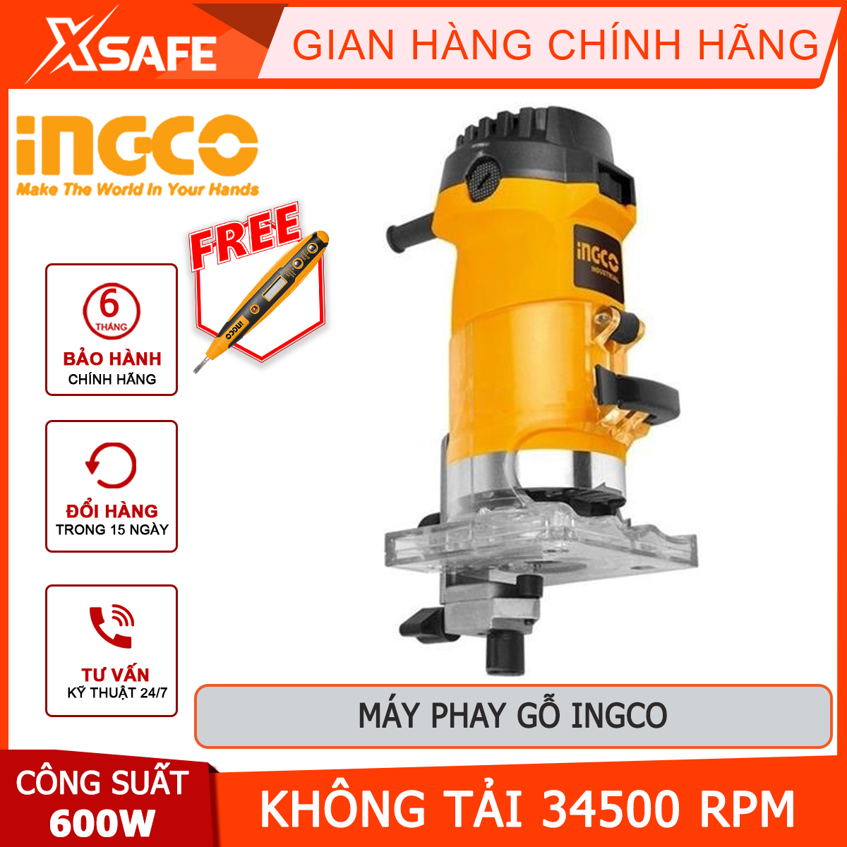 Máy phay cắt mép ingco plm6001 | máy phay gỗ công suất 600w tốc độ không tải 34500rpm đường kính đầu cặp 6 mm và 1/4″ soi rãnh bản lề, trang trí cạnh, cắt mộng, cắt rãnh, khoét lỗ...