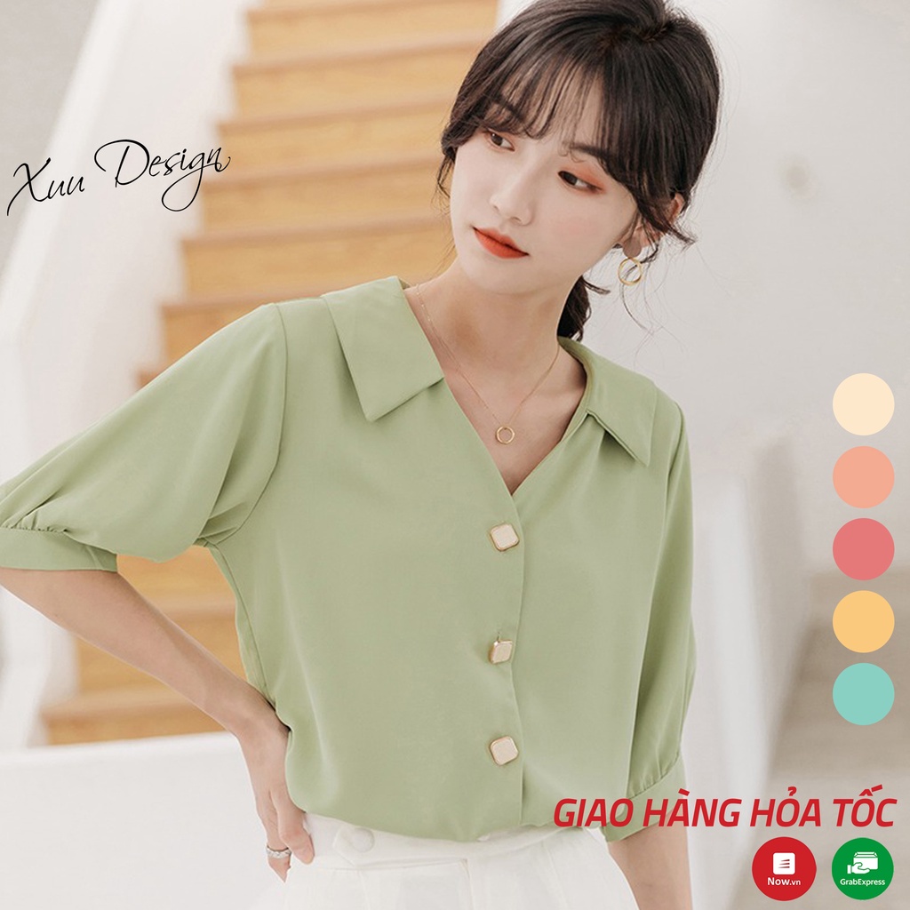 Áo sơ mi nữ kiểu cổ V Xuu , kiểu dáng basic trơn tay lỡ thời trang - SP44
